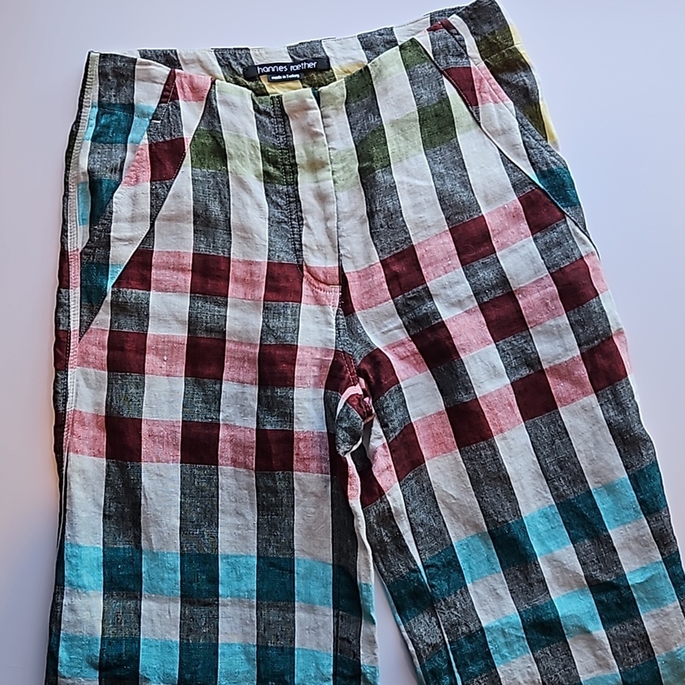 Hannes Roether Colorful Gingham Wide Leg 100% Linen Pants XS